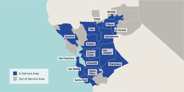 In service areas include parts of the following counties: Alameda, Contra Costa, El Dorado, Placer, Sacramento, San Francisco, San Joaquin, San Mateo, Santa Clara, Santa Cruz, Solano, Sonoma, Stanislaus, Sutter, and Yolo